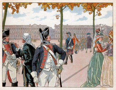 Joachim Murat (1767-1815) und Bessières in Paris im Jahr 1791 in der Uniform der konstitutionellen Garde des Königs. Gravur von Jacques Marie Gaston Onfray de Breville dit Job (1858-1931) von pseudonym for Onfray de Breville Jacques Job