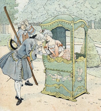 Dame des Adels im 18. Jahrhundert, in einem Stuhl mit Trägern, die den Handkuss empfangen von pseudonym for Onfray de Breville Jacques Job