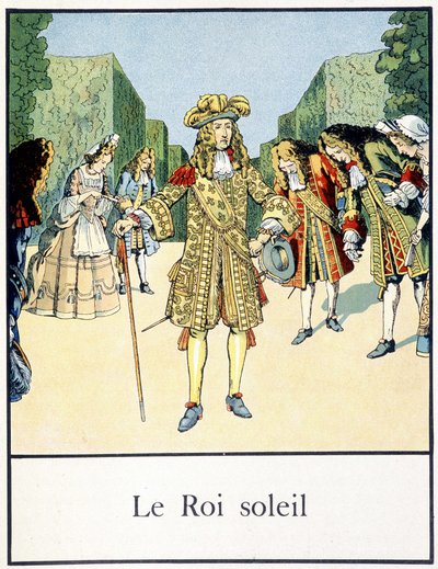 Der Sonnenkönig (Ludwig XIV. in den Gärten von Versailles umgeben von seinem Hof) - in „Petite histoire de France“ von Jacques Bainville, ed. Mane von pseudonym for Onfray de Breville Jacques Job