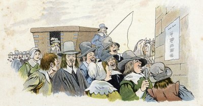 Mazarinade: das französische Volk liest die Worte eines Liedes, das Kardinal Jules Mazarin (1602-1661) verspottet. in „Frankreich, seine Geschichte erzählt von G. Montorgueil, illustriert von Job“ 1896. Private Sammlung von pseudonym for Onfray de Breville Jacques Job
