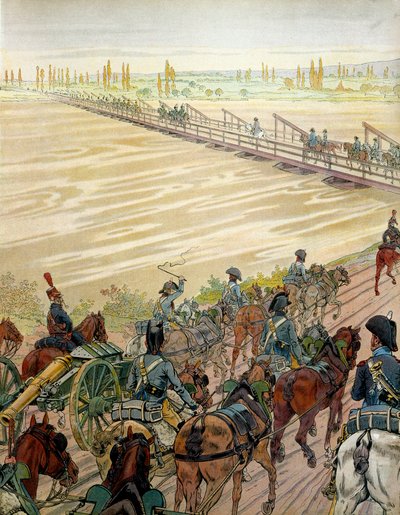 Napoleon I. Bonaparte (1769-1821) und seine Armee überquerten den Rhein am 1. Oktober 1805. In „Napoleon“ von Georges Montorgueil. Illustration von Jacques Marie Gaston Onfray de Breville, genannt JOB (1858-1931) von pseudonym for Onfray de Breville Jacques Job
