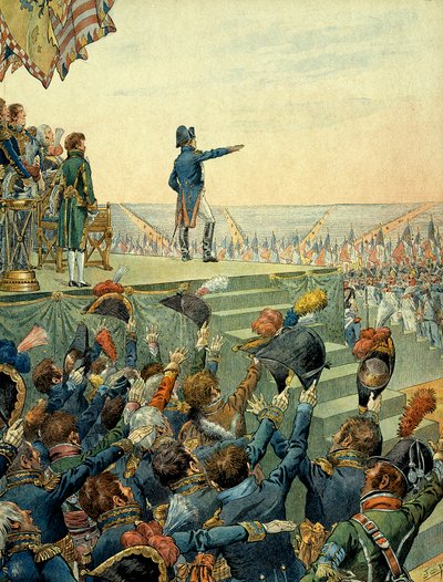 Napoleon I. Bonaparte (1769-1821) verteilt die Kreuze der Ehrenlegion an die Armee des Militärlagers von Boulogne am 16. August. von pseudonym for Onfray de Breville Jacques Job
