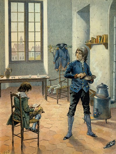 Napoleon I. Bonaparte (1769-1821) in Garnison in Auxonne mit seinem Bruder Louis Bonaparte (1778-1846) zwischen 1788 und 1789 (Illustration) von pseudonym for Onfray de Breville Jacques Job