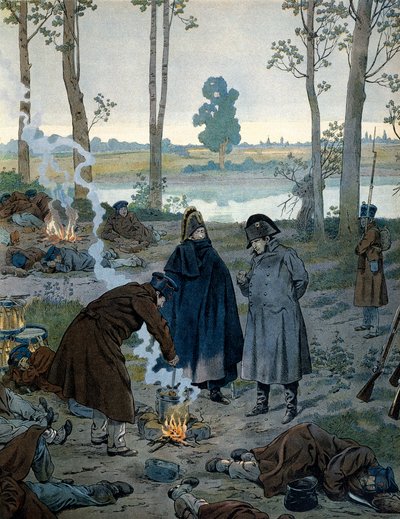 Napoleon I. Bonaparte (1769-1821) in den Biwaks am Vorabend der Schlacht von Waterloo im Jahr 1815. In „Napoleon“ von Georges Montorgueil von pseudonym for Onfray de Breville Jacques Job