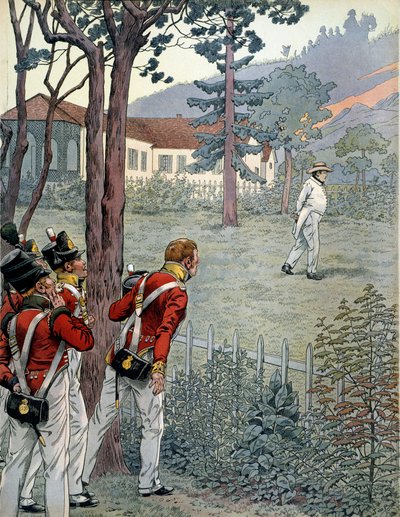 Napoleon I. Bonaparte (1769-1821) unter dem erstaunten Blick der britischen Armee in Gefangenschaft auf der Insel St. Helena von pseudonym for Onfray de Breville Jacques Job