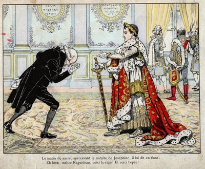 Napoleon und Notar Raguideau, Morgen der Krönung 1804 - Lithografie von Job (Jacques Onfroy de Bréville) aus „Le Grand Napoléon des Petites Enfants“ 1893. von pseudonym for Onfray de Breville Jacques Job