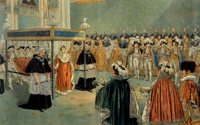 Darstellung der Krönung von Napoleon I. (1769-1821) in der Kathedrale Notre Dame de Paris am 02.12.1804. Illustration von Jacques Marie Gaston Onfray de Breville, genannt Job. Private Sammlung von pseudonym for Onfray de Breville Jacques Job