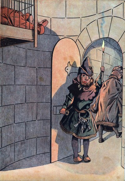 Szene aus der Geschichte Frankreichs mit Spielzeug: Verschwörung gegen König Ludwig XI. (1423-1483) mit Charles dem Kühnen, Jean Balue (1421-1491) wurde 11 Jahre lang in einer der Eisernen Käfige von König Ludwig XI. eingesperrt am 23. April 1469. In „Jouj von pseudonym for Onfray de Breville Jacques Job