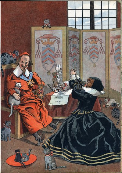 Szene aus der Geschichte Frankreichs in Spielzeug: Frau bittet um Vergebung von Kardinal Richelieu (1585-1642), umgeben von Katzen. In „Joujoux à l