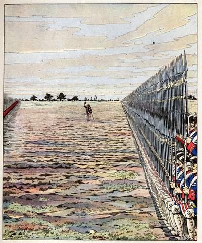 Schießen Sie zuerst, meine Herren, Worte des Grafen von Auteroche, ausgesprochen in der Schlacht von Fontenoy am 11.05.1745 während des Österreichischen Erbfolgekriegs. Illustration von Job (Jacques Marie Gaston Onfray de Bréville) von pseudonym for Onfray de Breville Jacques Job