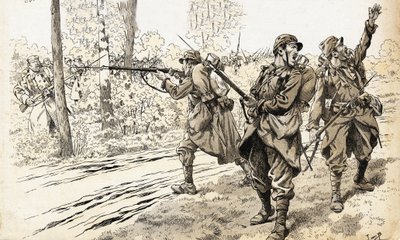 Erschießt sie! Französische Soldaten des Krieges 1914-1918 auf Patrouille, um die Stärke und genaue Lage des Feindes zu erkennen. Nachdem sie die deutschen Truppen gefunden hatten, gaben sie den Befehl zum Feuer, ohne sich um das Risiko zu kümmern, zwische von pseudonym for Onfray de Breville Jacques Job