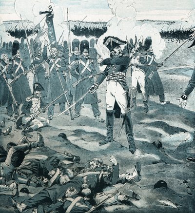 Die Garde starb, aber antwortete nicht auf General Cambronne (1770-1842), der das letzte Quadrat der Garde befehligte, während der Feind die französische Armee aufforderte, sich in der Schlacht von Waterloo am 18. Juni 1815 zu ergeben. Illustration von Job von pseudonym for Onfray de Breville Jacques Job