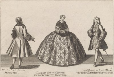 Redingote/Dame im Winterkleid mit Muff/Weste und Besatz aus Goldstoff von published by Jacques Chéreau