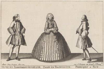 Veste und Parament aus Goldstoff/Dame in Bagnolette/Perücken mit Gesicht von published by Jacques Chéreau