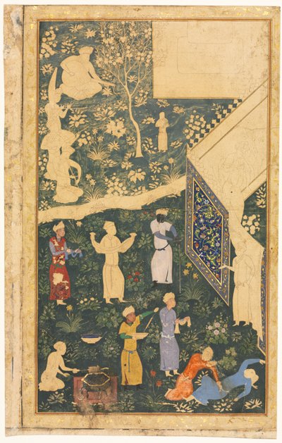 Linke Seite eines doppelseitigen Albumblatts: Vor einem königlichen Lager (recto) von style of Bihzad