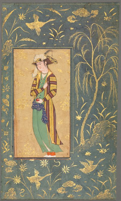 Jüngling mit Granatapfel; Illustration aus einem Einzelblatt-Manuskript von style of Riza yi Abbasi