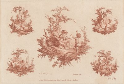 Singerie mit vier Vignetten von jagenden Hunden von the Elder and Jean Baptiste Hüet Gilles Demarteau