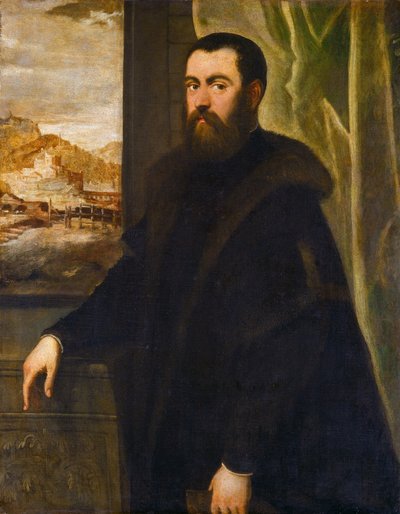 Porträt eines Mannes mit Landschaftsansicht von with landscape by Maarten de Vos Jacopo Tintoretto