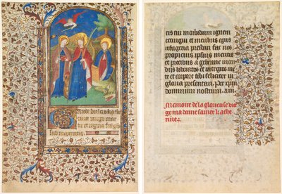 Blatt aus einem Stundenbuch: Heilige Geneviève, Katharina von Alexandria und Margareta (recto) und Text (verso) von workshop of Boucicaut Master