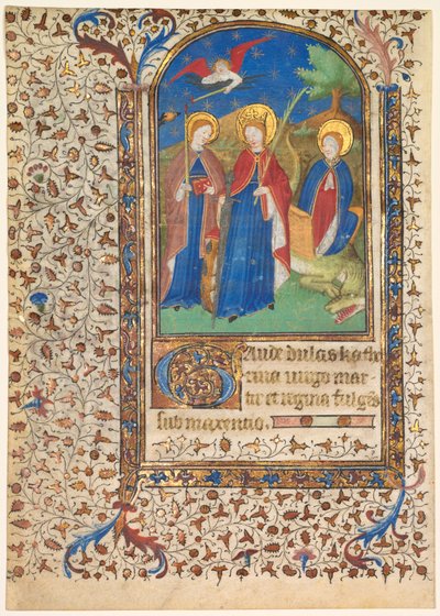 Blatt aus einem Stundenbuch: Heilige Geneviève, Katharina von Alexandria und Margareta (recto) von workshop of Boucicaut Master