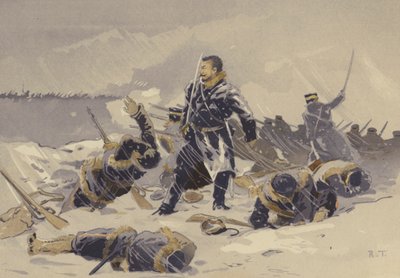 Die Schlacht von Heikoutai im Schnee (Chromolitho)