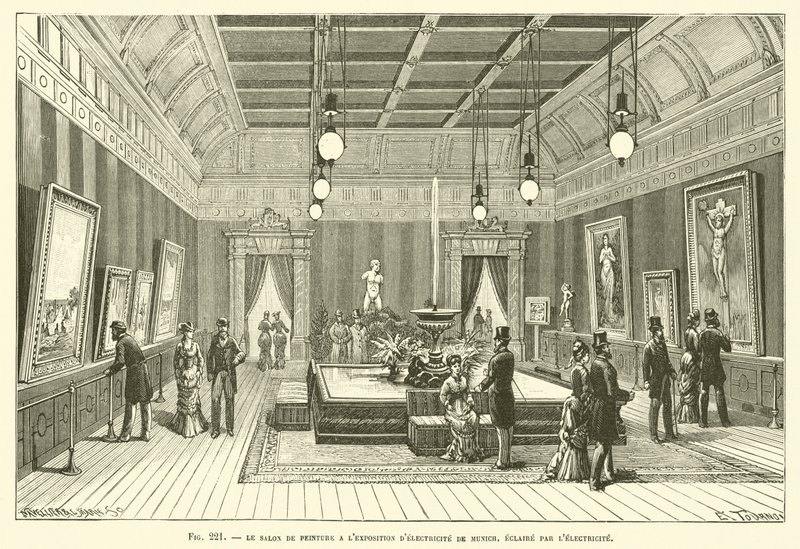 Der Malersalon auf der Elektrizitätsausstellung in München, beleuchtet von Elektrizität von French School
