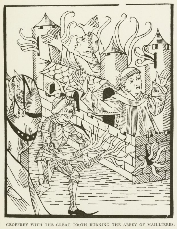 Geoffrey mit dem großen Zahn brennt die Abtei von Maillieres nieder (Gravur) von (after) English School