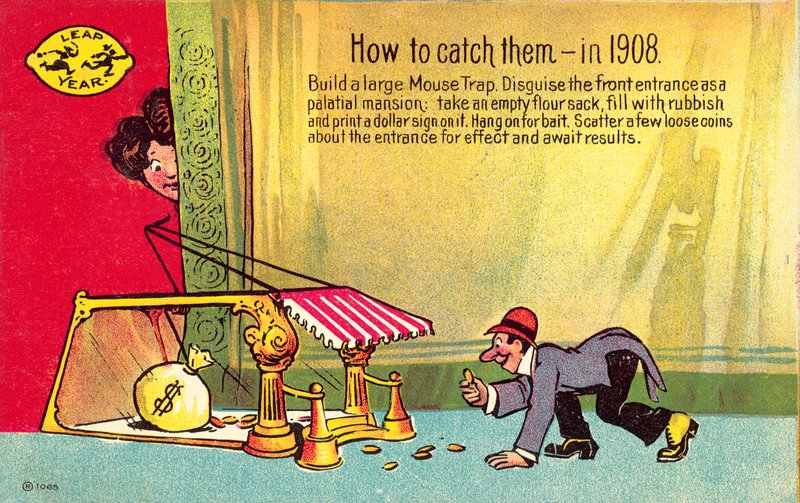 Postkarte, die zeigt, wie man sie in einem Schaltjahr fängt, 1908 von American School