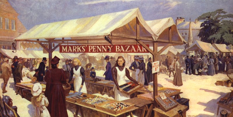 Eine Künstlerimpression von Marks Penny Bazaar, gegründet 1884 von Michael Marks, Vater von Sir Simon Marks von English School