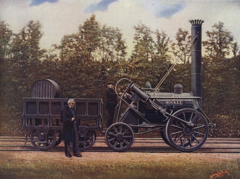 Die Rocket und ihr Konstrukteur, George Stephenson, der Vater der britischen Eisenbahnen, London und North Western Railway von English School
