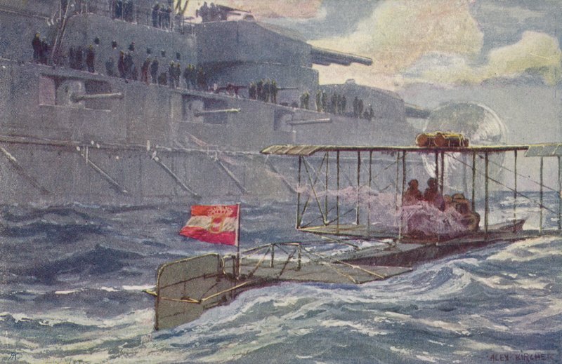 Österreichisch-Ungarisches Wasserflugzeug passiert ein Schlachtschiff, Erster Weltkrieg, 1914-1918 von A. Kircher