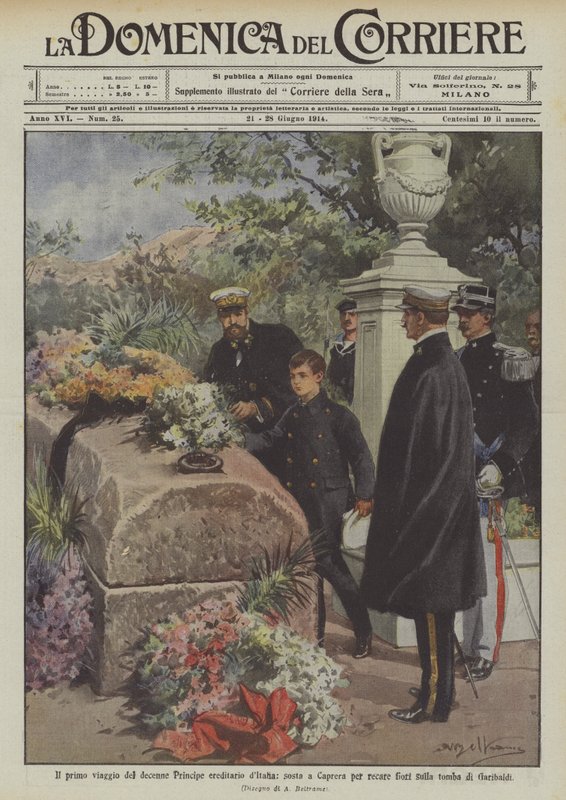 Die erste Reise des zehnjährigen Kronprinzen von Italien, Halt in Caprera, um Blumen auf das Grab zu legen von Achille Beltrame