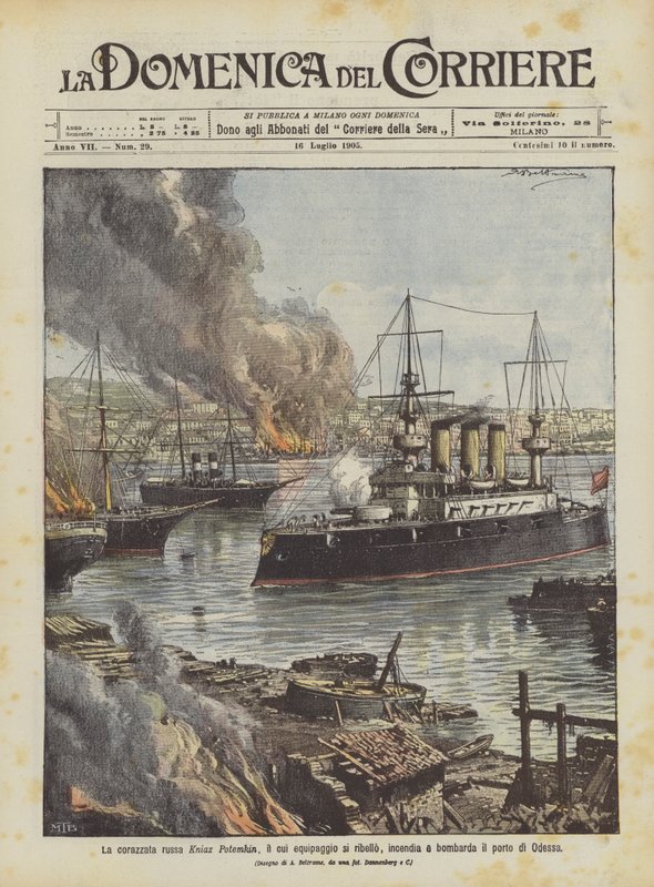 Das russische Schlachtschiff Kniaz Potemkin, dessen Besatzung meuterte, setzt den Hafen von Odessa in Brand und bombardiert ihn von Achille Beltrame