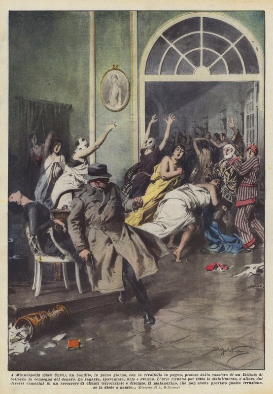 In Minneapolis (USA) ein Bandit, mitten am Tag, mit gezückter Pistole von Achille Beltrame