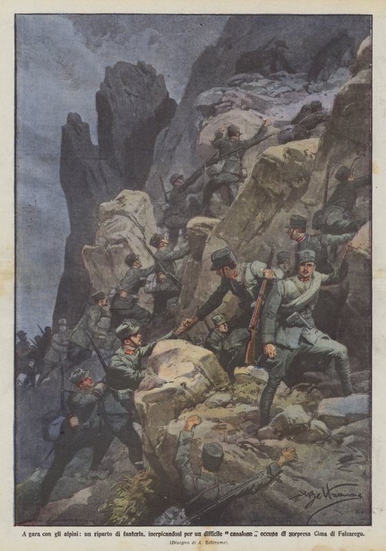 Wettlauf mit den Alpenjägern, eine Infanterieeinheit erklimmt eine schwierige Schlucht und besetzt sie von Achille Beltrame