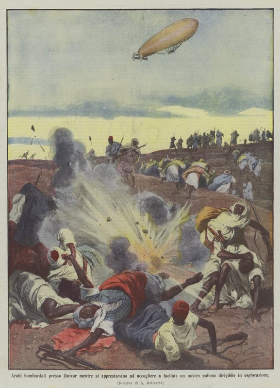 Araber bombardiert bei Zanzur, während sie sich darauf vorbereiteten, unseren Ballon mit Gewehrschüssen zu empfangen von Achille Beltrame