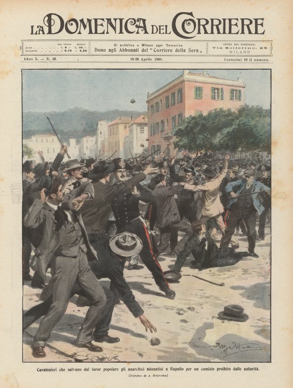 Carabinieri retten Anarchisten vor dem Volkszorn bei einer verbotenen Versammlung in Rapallo von Achille Beltrame