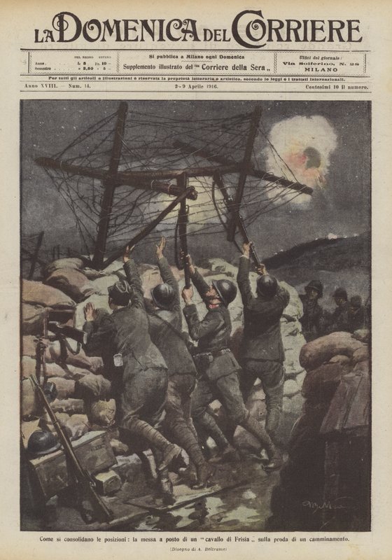 Wie die Stellungen gesichert werden, das Aufstellen eines Spanischen Reiters am Rand eines Laufgrabens von Achille Beltrame