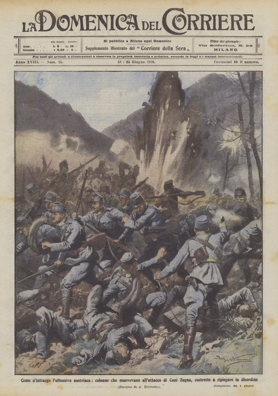 Wie die österreichische Offensive scheitert, Kolonnen, die zum Angriff auf Coni Zugna vorrücken von Achille Beltrame