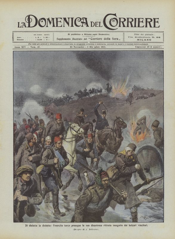 Von Niederlage zu Niederlage, die türkische Armee setzt ihren katastrophalen Rückzug fort, verfolgt von den siegreichen Bulgaren von Achille Beltrame