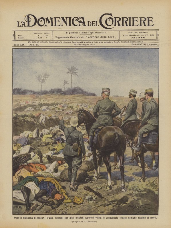 Nach der Schlacht von Zanzur, General Frugoni besucht mit anderen Offizieren die eroberten Stellungen von Achille Beltrame