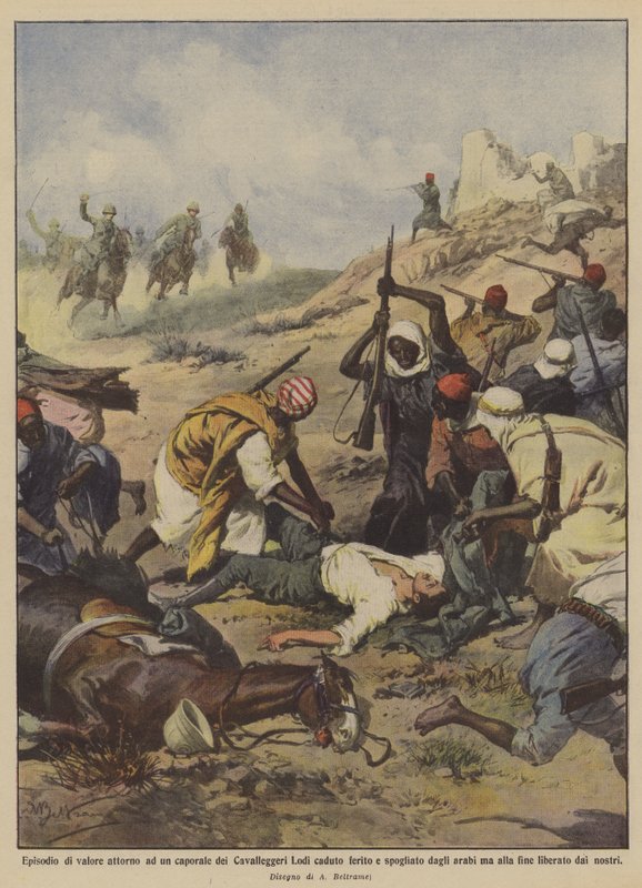 Heldentat um einen gefallenen und ausgeplünderten Korporal der Kavallerie Lodi von Achille Beltrame