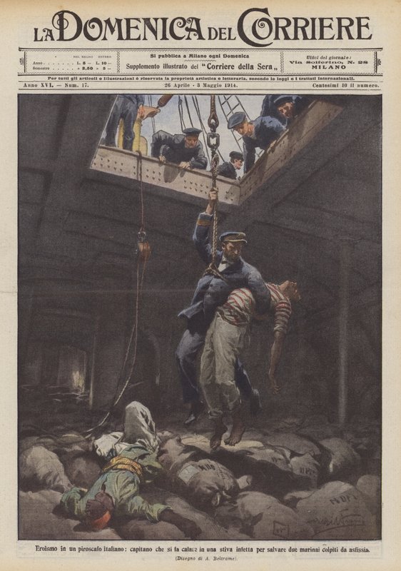 Heldentat auf einem italienischen Dampfer, Kapitän lässt sich in einen verseuchten Laderaum hinab, um zwei... von Achille Beltrame