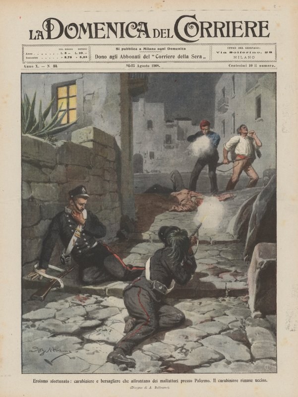 Unglücklicher Heldentum, ein Carabiniere und ein Bersagliere stellen sich Verbrechern bei Palermo von Achille Beltrame