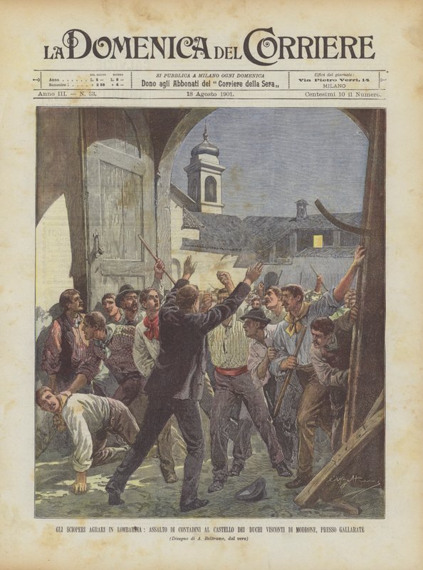 Die landwirtschaftlichen Streiks in der Lombardei, Angriff der Bauern auf das Schloss der Herzöge Visconti di Modrone bei Gallarate von Achille Beltrame