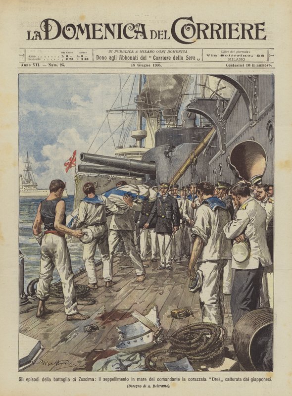 Episoden der Schlacht von Tsushima, die Seebestattung des Kommandanten des Schlachtschiffs Orel von Achille Beltrame