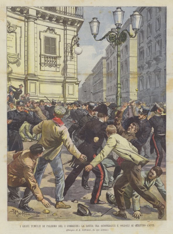 Die schweren Unruhen in Palermo am 3. dieses Monats, der Kampf zwischen Streikenden und Soldaten an den Quattro Canti von Achille Beltrame