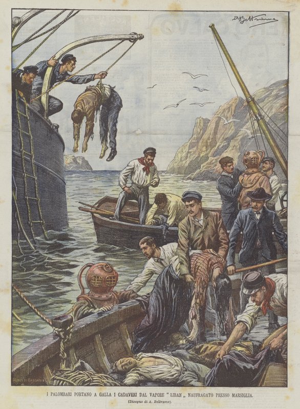 Taucher bergen die Leichen aus dem vor Marseille gesunkenen Dampfer Liban von Achille Beltrame