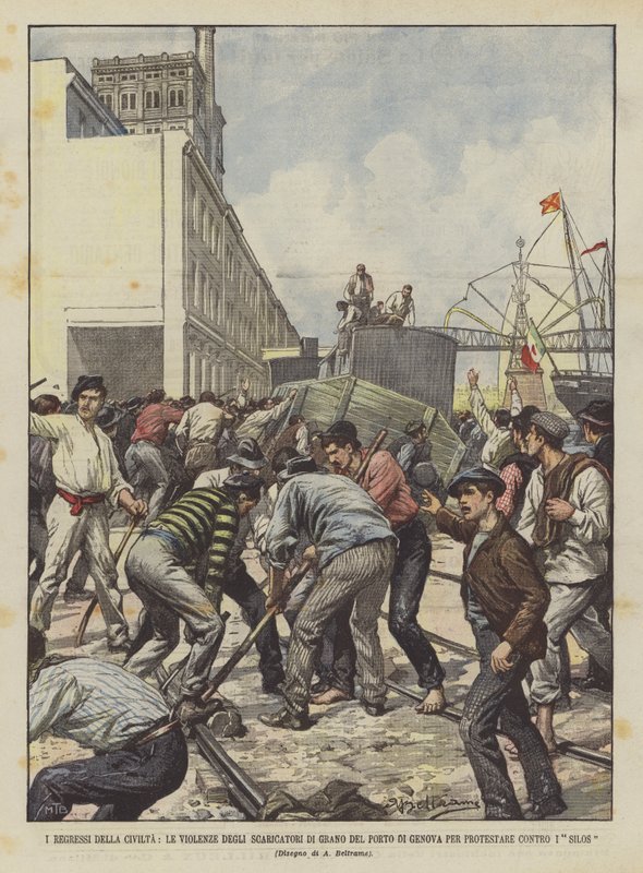 Die Rückschritte der Zivilisation, die Gewalt der Getreideentlader im Hafen von Genua gegen die Silos von Achille Beltrame