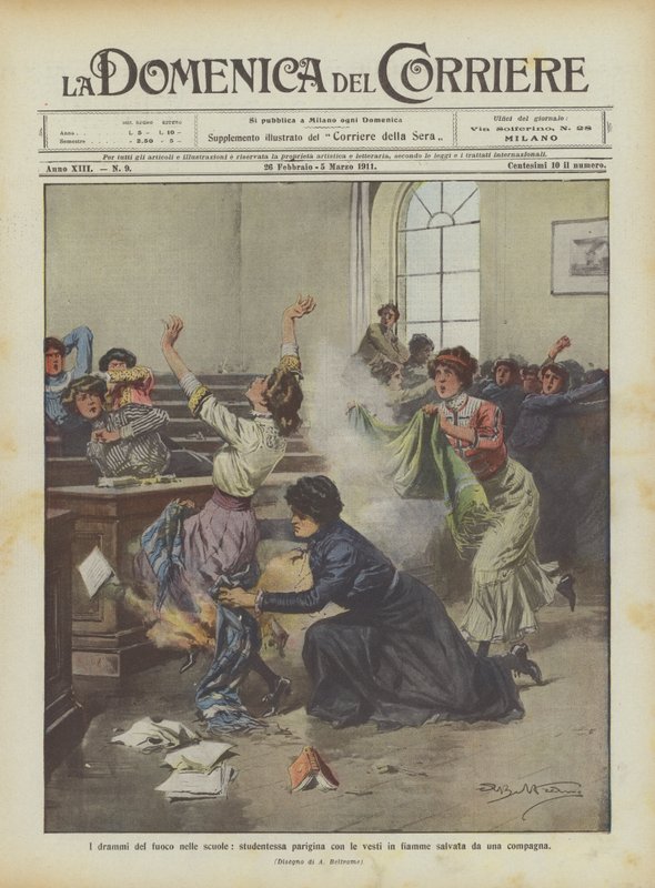 Die Dramen des Feuers in Schulen, Pariser Schülerin mit brennender Kleidung von einer Mitschülerin gerettet von Achille Beltrame